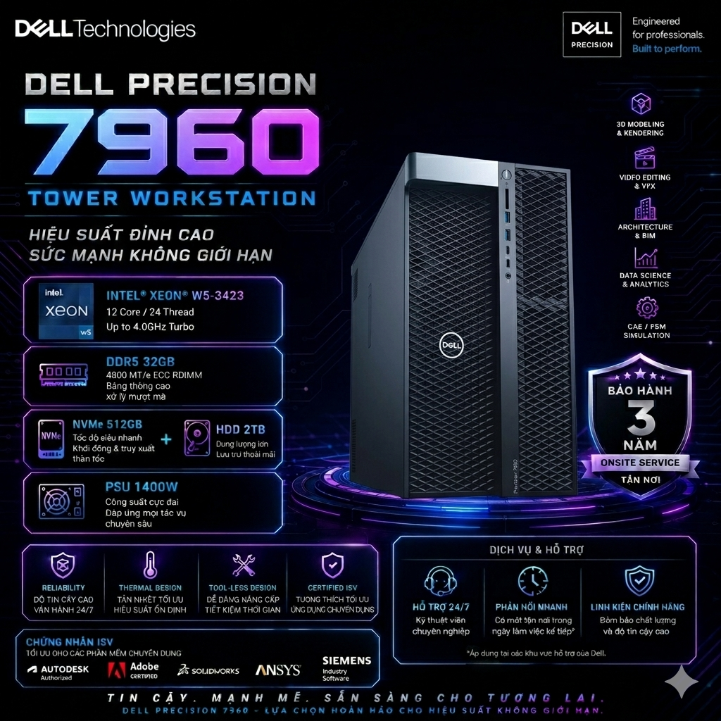 Máy Trạm Dell Precision 7960 Tower Workstation - Xeon® w5-3423/ DDR5 32Gb/ Nvme 512Gb + HDD 2TB/ PSU 1400w/ New fullbox 100% chính hãng